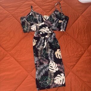 SHEIN Black Tropical Print Midi Skirt Set